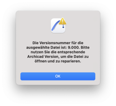 Die Versionsnummer für die ausgewählte Datei ist: X. Bitte nutzen Sie die entsprechende Archicad Version, um die Datei zu öffnen und zu reparieren. Die korrekte Archicad Version wählen um Dateien zu reparieren