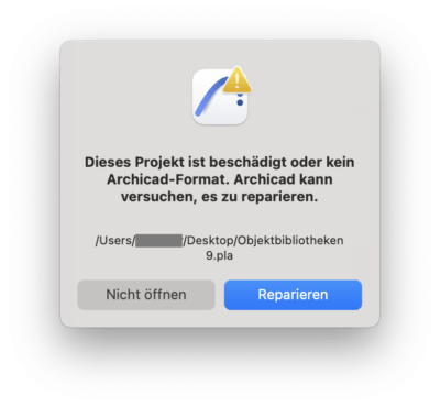 Dies Projekt ist beschädigt oder kein Archicad-Format. Archicad kann versuchen, es zu reparieren. Alte Archicad Dateien öffnen.